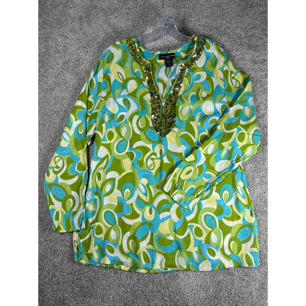 Saint Tropez West Woman 1X Linen Blend Tunic Top Sequins‎ Green Blue White